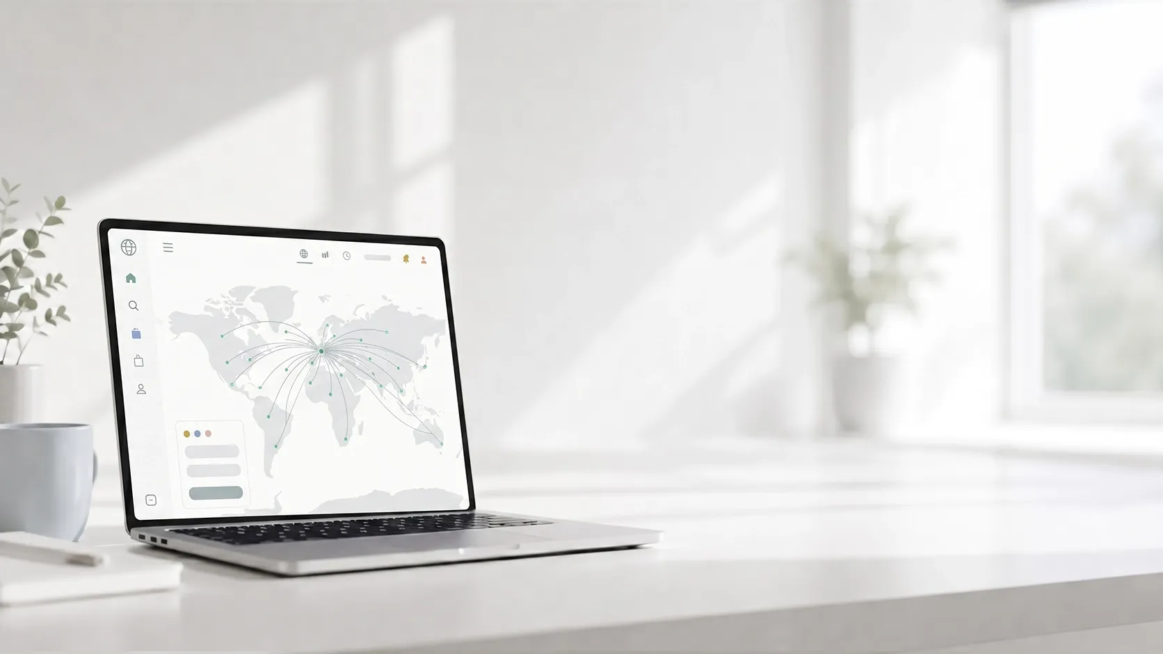An image of a laptop against a white wall with a blurry dashboard on the screen